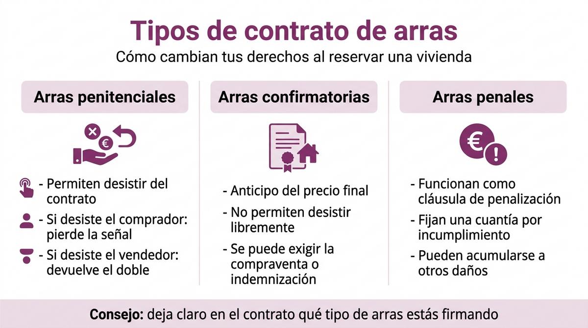Infografía que compara los tipos de contrato de arras penitenciales, confirmatorias y penales.