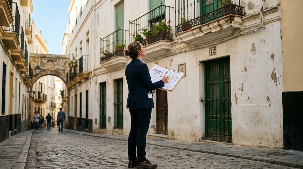 Técnico revisando documentos y planos frente a un edificio antiguo en el centro histórico de Cádiz