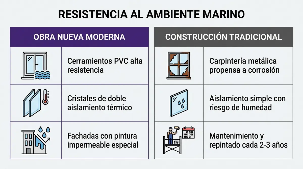 Cuadro comparativo de resistencia de materiales al desgaste costero entre viviendas de obra nueva y tradicionales.