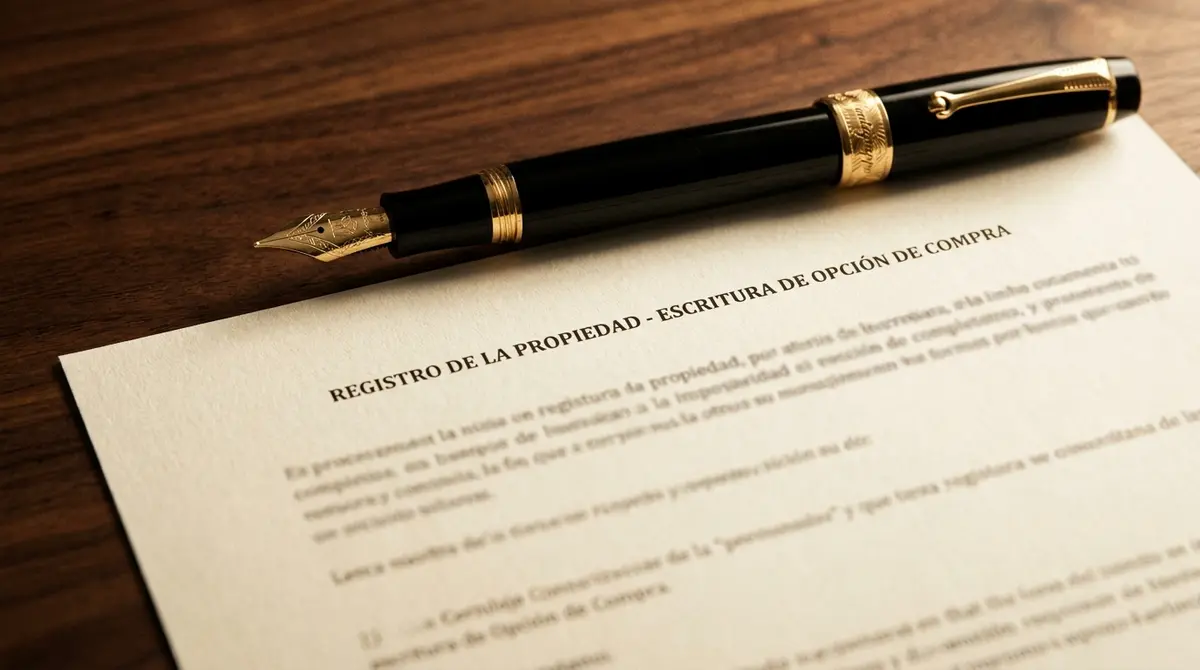 Detalle de documento de opción de compra e inscripción en el Registro de la Propiedad con una pluma estilográfica sobre escritorio de madera.