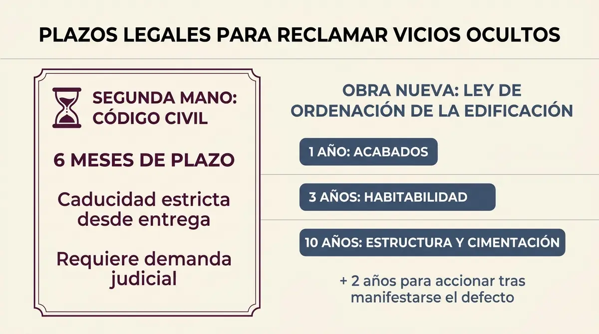 Infografía comparativa de plazos legales para reclamar vicios ocultos en viviendas de segunda mano y obra nueva en Cádiz