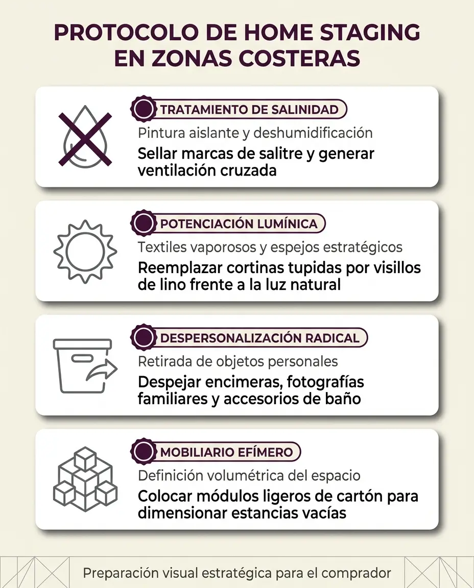 Infografía con protocolo de home staging para inmuebles en zonas de costa
