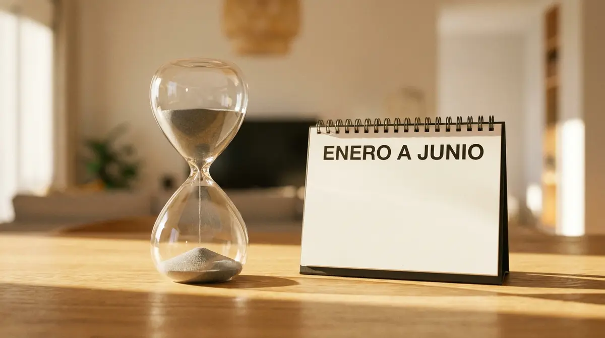 Detalle de calendario y reloj de arena simbolizando el tiempo de espera al vender un inmueble.