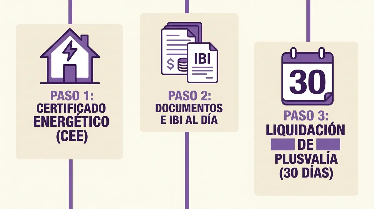 Infografía sobre el proceso y trámites notariales obligatorios para vender piso en Andalucía.