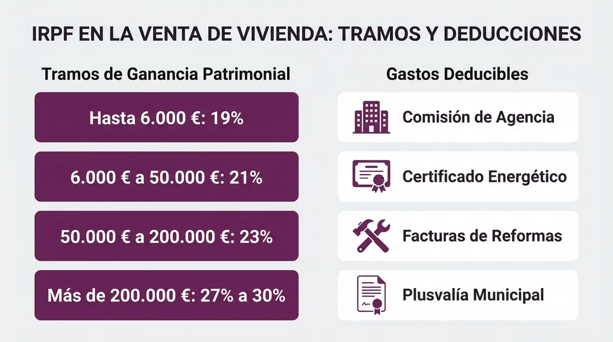 Infografía explicativa de los tramos de IRPF y gastos deducibles al vender piso en Cádiz
